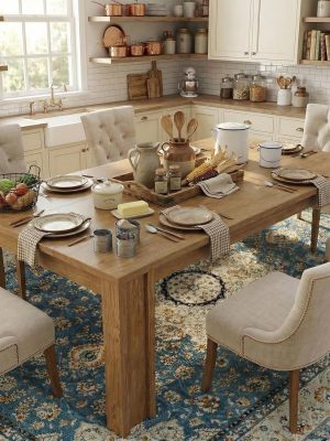 71" Long Dining Table for 6-8, Rectangular Farmhouse Kitchen Dining Room Table w/Wider H Legs & Wooden Tabletop, Sturdy Frame, Wood Strip Base, for Apartment, Kitchen, Dining, Natural