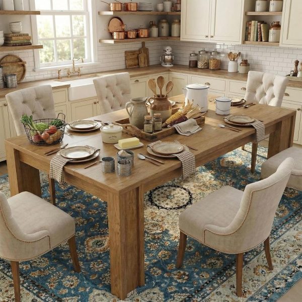 71" Long Dining Table for 6-8, Rectangular Farmhouse Kitchen Dining Room Table w/Wider H Legs & Wooden Tabletop, Sturdy Frame, Wood Strip Base, for Apartment, Kitchen, Dining, Natural