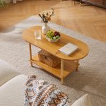 Wooden Tea Table Small Coffee Table, 2 Tier Coffee Table for Living Room, 35x16x17inch Tea Table Stand with Storage Shelf Natural Wood Color