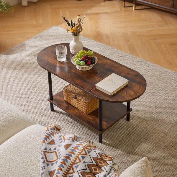 Rustic Coffee Table Small Coffee Table, TV Centre Table Stand 35 * 16 * 17", 2-Tier Oval Wood Tea Table for Living Room Apartment Rustic Brown YD-012H