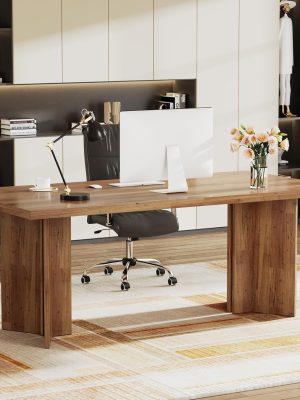 63-inch Executive Desk, Vintage Home Office Computer Desk with Large Tabletop, Farmhouse Wood Writing Conference Table Workstation for Office, Study, Walnut Brown