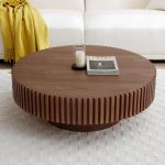 31" Round Coffee Table for Living Room, Mid Century Modern Coffee Table with Sturdy Pedestal, Circle Center Table Accent Tea Table for Apartment Walnut