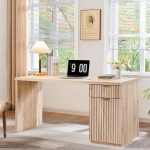 60" Modern Executive Desk with Storage, Wood Home Office Desk with Drawer & Cabinet, Fluted Computer Writing Desk for Study, Living Room, Bedroom, Oak