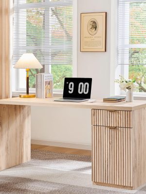 60" Modern Executive Desk with Storage, Wood Home Office Desk with Drawer & Cabinet, Fluted Computer Writing Desk for Study, Living Room, Bedroom, Oak