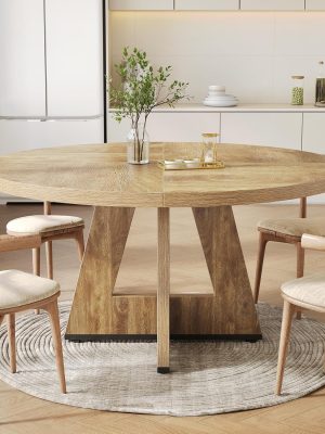 Round Dining Table for 4-6 People, 47 Inches Dining Room Table with Wooden Pedestal Base, Circle Kitchen Tables for Dining Room, Kitchen, Living Room, Oak