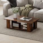 Rectangle Wood Center Table, 41" L 2-Tier Large Modern Tea Table w/Open Compartment, Easy Assembly, Accent Coffee Table for Living Room, Reception Room, Rustic Brown