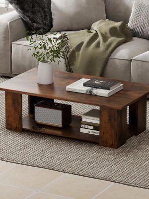 Rectangle Wood Center Table, 41" L 2-Tier Large Modern Tea Table w/Open Compartment, Easy Assembly, Accent Coffee Table for Living Room, Reception Room, Rustic Brown