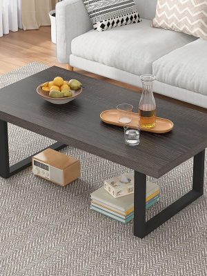 Industrial Grey Coffee Table, Modern Simple Wood and Metal Center Tables, Minimalist Rectangle Wooden Living Room Table, Vintage Rustic Cocktail Tea Table for Home Bedroom, Dark Gray Oak, 39 inch