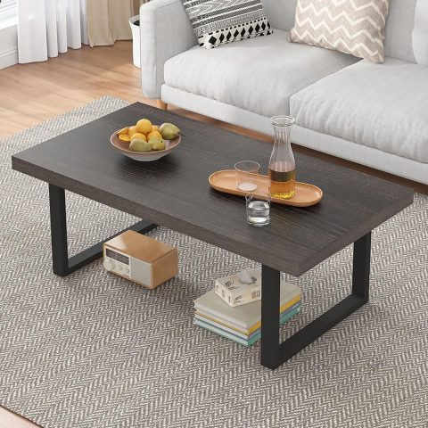 Industrial Grey Coffee Table, Modern Simple Wood and Metal Center Tables, Minimalist Rectangle Wooden Living Room Table, Vintage Rustic Cocktail Tea Table for Home Bedroom, Dark Gray Oak, 39 inch