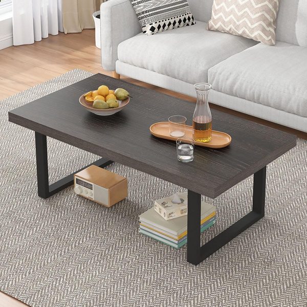 Industrial Grey Coffee Table, Modern Simple Wood and Metal Center Tables, Minimalist Rectangle Wooden Living Room Table, Vintage Rustic Cocktail Tea Table for Home Bedroom, Dark Gray Oak, 39 inch