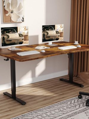 63 x 28 Inch Electric Standing Desk, Sit to Stand Up, Work Home Office Computer Table for Study, Walking Pad, Writing, and Games, Wooden Desktop Desks, Brown