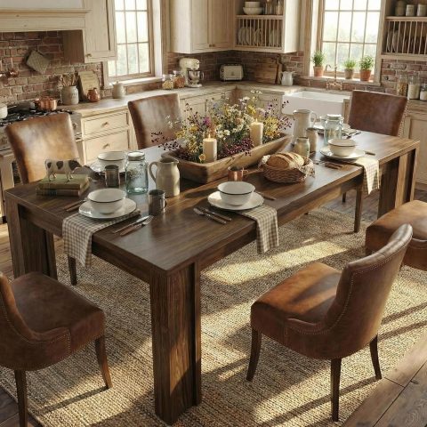 71" Long Dining Table for 6-8, Rectangular Farmhouse Kitchen Dining Room Table w/Wider H Legs & Large Wooden Tabletop, Sturdy Frame, Wood Strip Base, for Apartment, Kitchen, Dining, Walnut