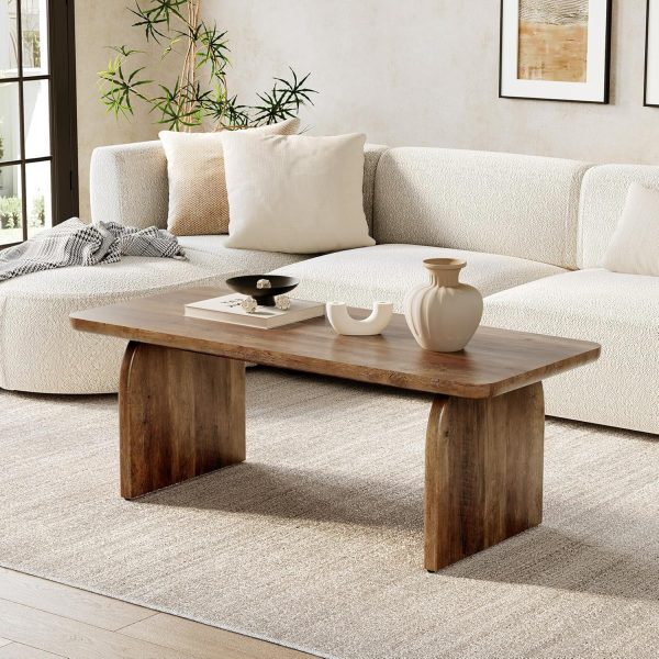 Farmhouse Coffee Table, 47 Inches Wooden Center Tables with Rounded Corners, Rectangular Living Room Tables, Modern Low Cocktail Tea Furniture for Living Room (Rustic Brown)