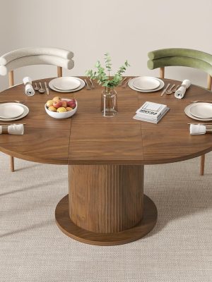 43.3 inch 59 inch Adjustable Size Round Dining Table for 4 6, Unique Design Modern Farmhouse Kitchen Table, Circle Dining Tables with Wood Strip Base for Kitchen Living Room (Walnut)