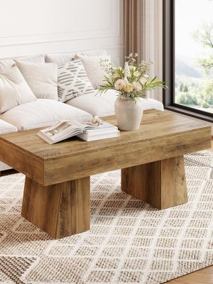 Farmhouse Coffee Table, 47 Inches Wooden Rectangular Accent Center Tables with Thick Base, Modern Low Cocktail Tea Furniture for Living Room (Rustic Brown)