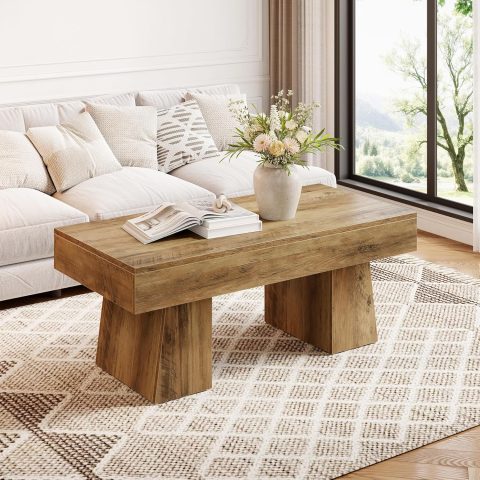 Farmhouse Coffee Table, 47 Inches Wooden Rectangular Accent Center Tables with Thick Base, Modern Low Cocktail Tea Furniture for Living Room (Rustic Brown)