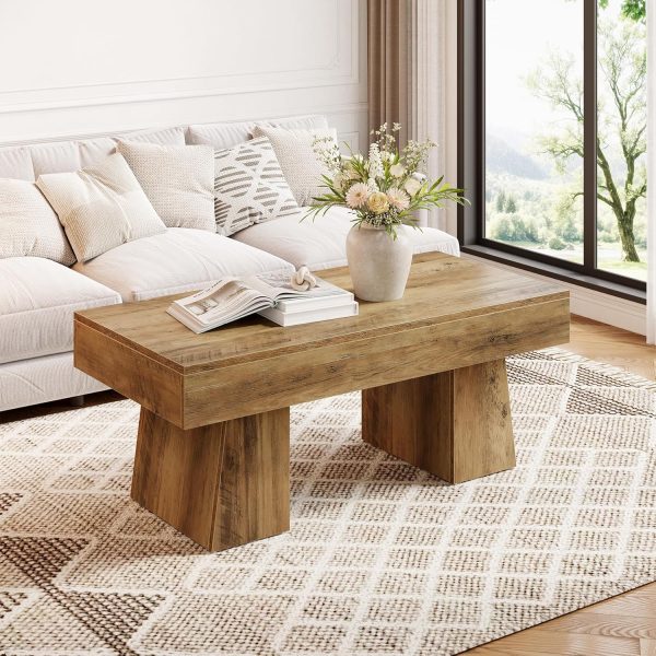 Farmhouse Coffee Table, 47 Inches Wooden Rectangular Accent Center Tables with Thick Base, Modern Low Cocktail Tea Furniture for Living Room (Rustic Brown)