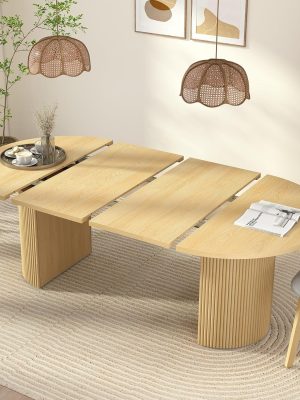 41 in-78 in Extendable Dining Room Table for 4-8, Round Expandable Kitchen Table with Fluted Base, Modern Farmhouse Oval Dinner Tables for Dining Room Kitchen Living Room (Natural)