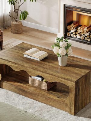 Rectangle Coffee Table, 47-Inch Farmhouse Coffee Tables for Living Room, 2-Tier Wooden Rectangular Accent Center Low Cocktail Tea Table with Open Storage Shelf, Rustic Brown