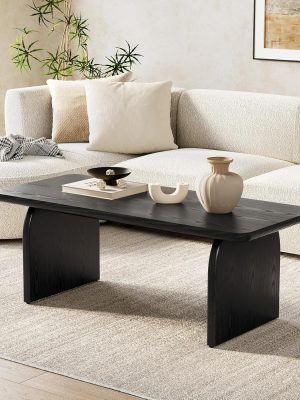 Farmhouse Coffee Table, 47 Inches Wooden Center Tables with Rounded Corners, Rectangular Living Room Tables, Modern Low Cocktail Tea Furniture for Living Room (Black)