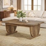 Rectangle Coffee Table, 48-Inch Large Wooden Low Coffee Tables for Living Room, Rustic Farmhouse Center Tea Table with Sturdy Pedestal Base, Easy Assembly, Medium Brown