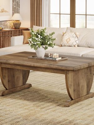 Rectangle Coffee Table, 48-Inch Large Wooden Low Coffee Tables for Living Room, Rustic Farmhouse Center Tea Table with Sturdy Pedestal Base, Easy Assembly, Medium Brown