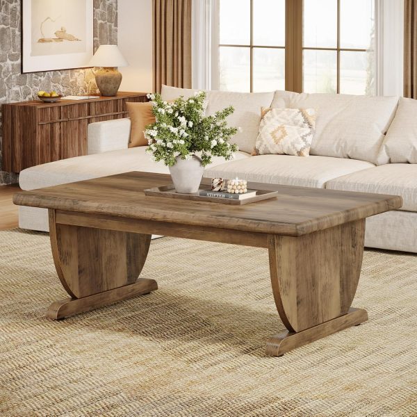 Rectangle Coffee Table, 48-Inch Large Wooden Low Coffee Tables for Living Room, Rustic Farmhouse Center Tea Table with Sturdy Pedestal Base, Easy Assembly, Medium Brown